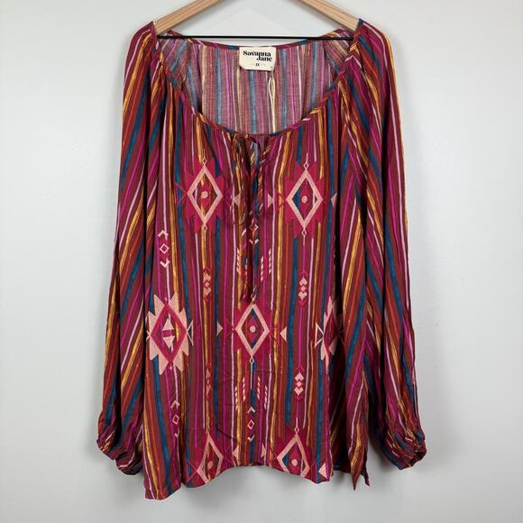 Savanna Jane Top Women's 2X Red Multi Striped Aztec Embroidery Colorful Bohemian - Picture 1 of 10